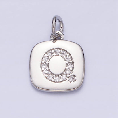 Silver Tag Square CZ Clear Micro Paved Initial Alphabet Dainty Personalized Name Tag Charm | A-266-A-278