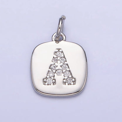 Silver Tag Square CZ Clear Micro Paved Initial Alphabet Dainty Personalized Name Tag Charm | A-266-A-278