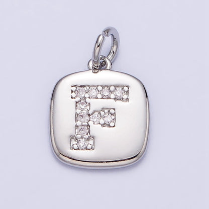 Silver Tag Square CZ Clear Micro Paved Initial Alphabet Dainty Personalized Name Tag Charm | A-266-A-278