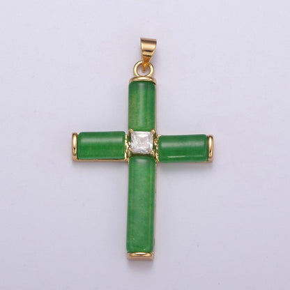Simple Green Jade Cross Pendant for Necklace 24K Gold Filled Cross AH-347