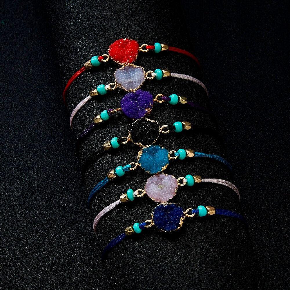 Simple Stone Charm Bracelet Colorful Black Red String Braided Couple Bracelets Wish Card Jewelry Handmade Woven Thread Rope String Nature Stone Beads Charm Bracelet Cuff Bangles With Message Card 18-30cm