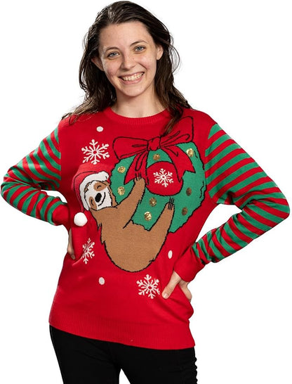 Sloth Santa Hat Hanging on Gift Ball Ornament Women&