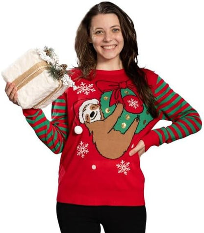 Sloth Santa Hat Hanging on Gift Ball Ornament Women&
