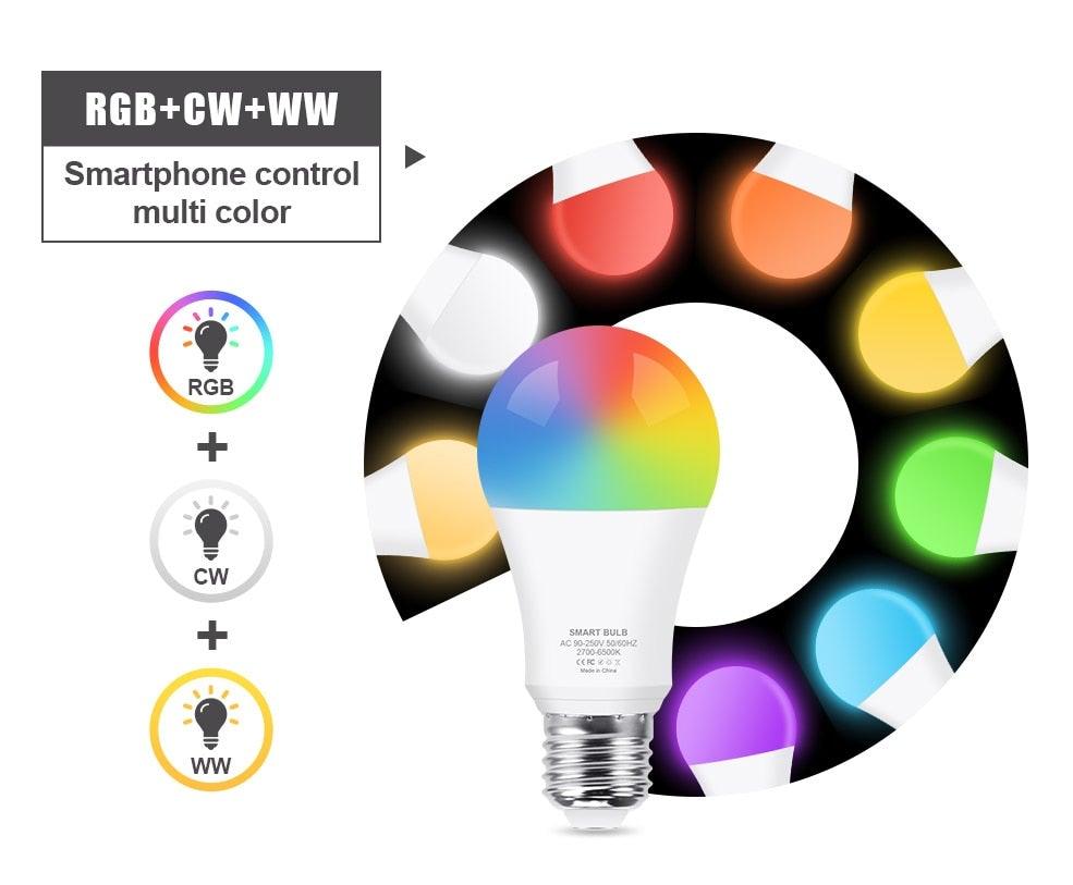 Smart Light Bulb E27 LED Lamp RGB+White+Warm White Work With Alexa Google Home Dimmable Timer Function RGB LED Bulb Bulb-Timer  Sunrise  Sunset Dimmable Multicolo Warm White No Hub Required Compatible With Alexa Google Home Assistant