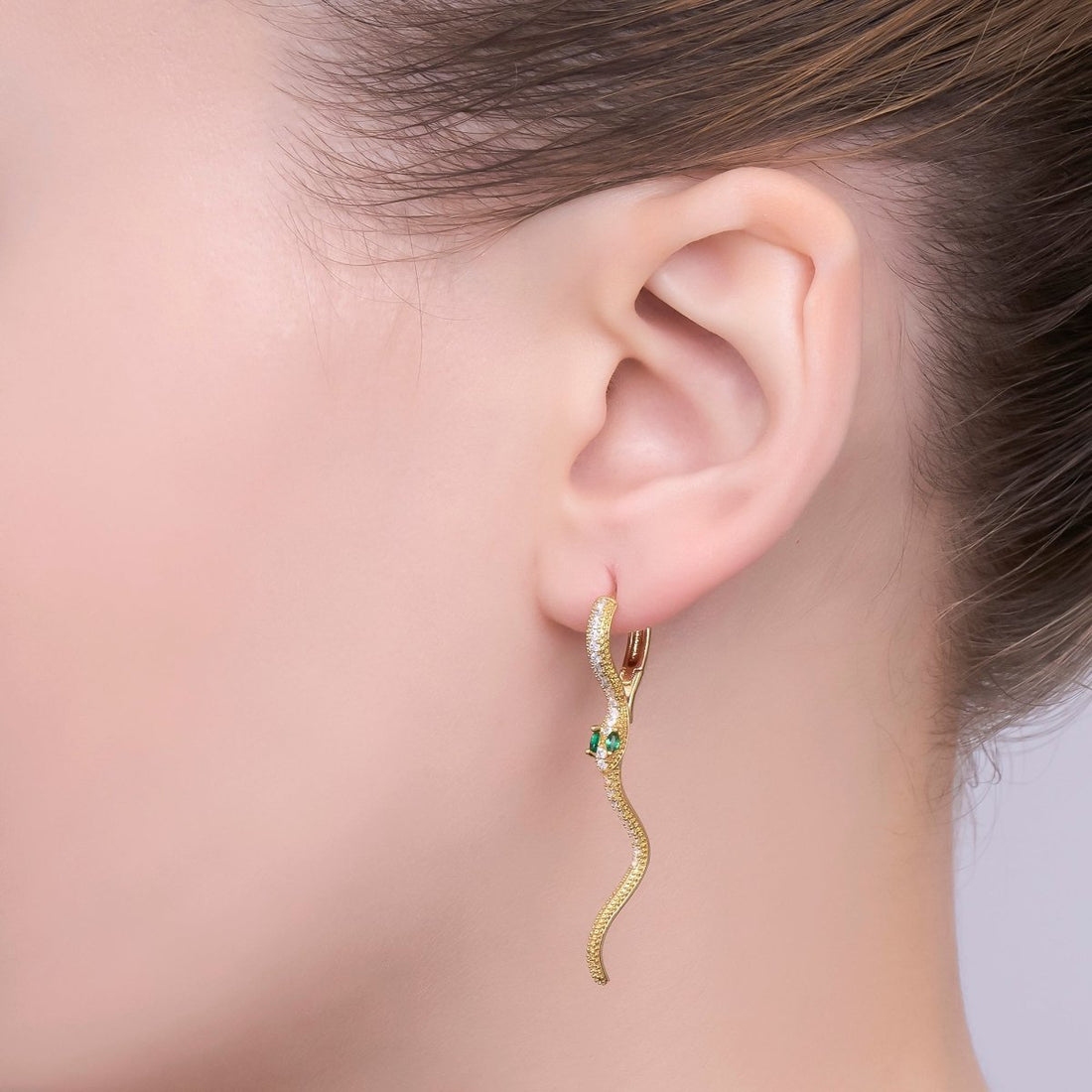 Gold, Silver Green Micro Paved CZ Snake Drop Huggie Earrings | AB592 AB601