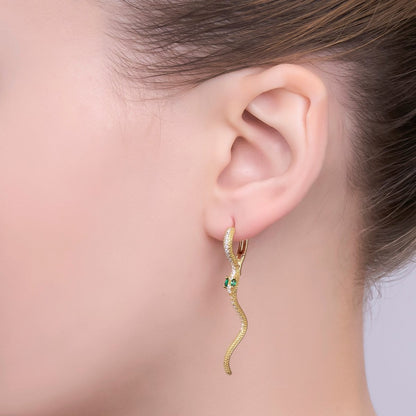 Gold, Silver Green Micro Paved CZ Snake Drop Huggie Earrings | AB592 AB601