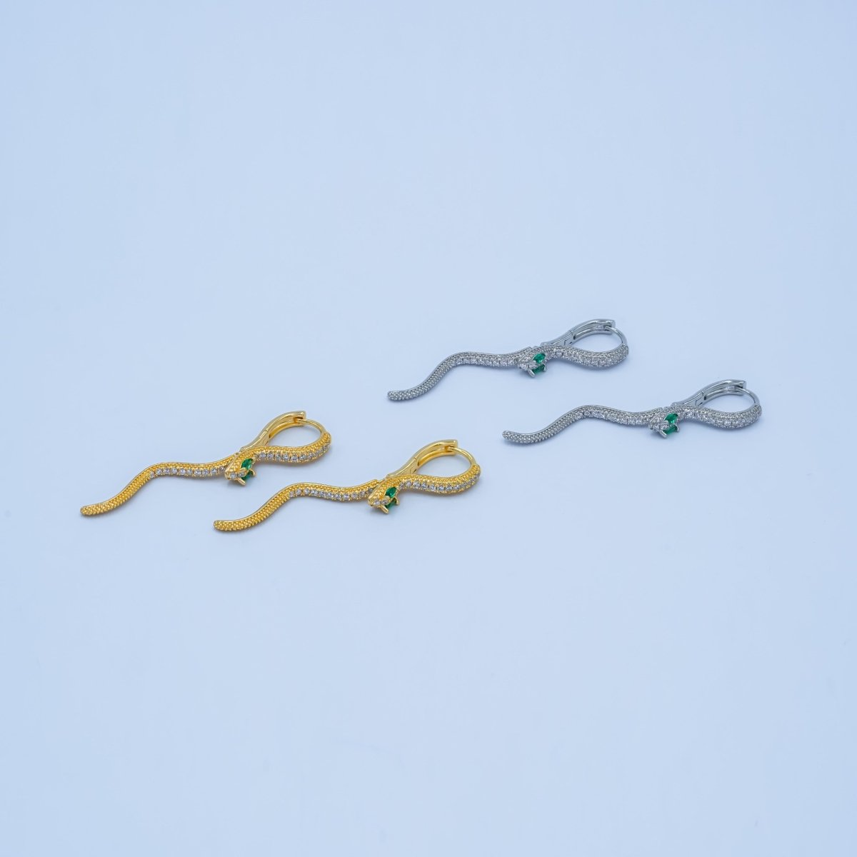 Gold, Silver Green Micro Paved CZ Snake Drop Huggie Earrings | AB592 AB601