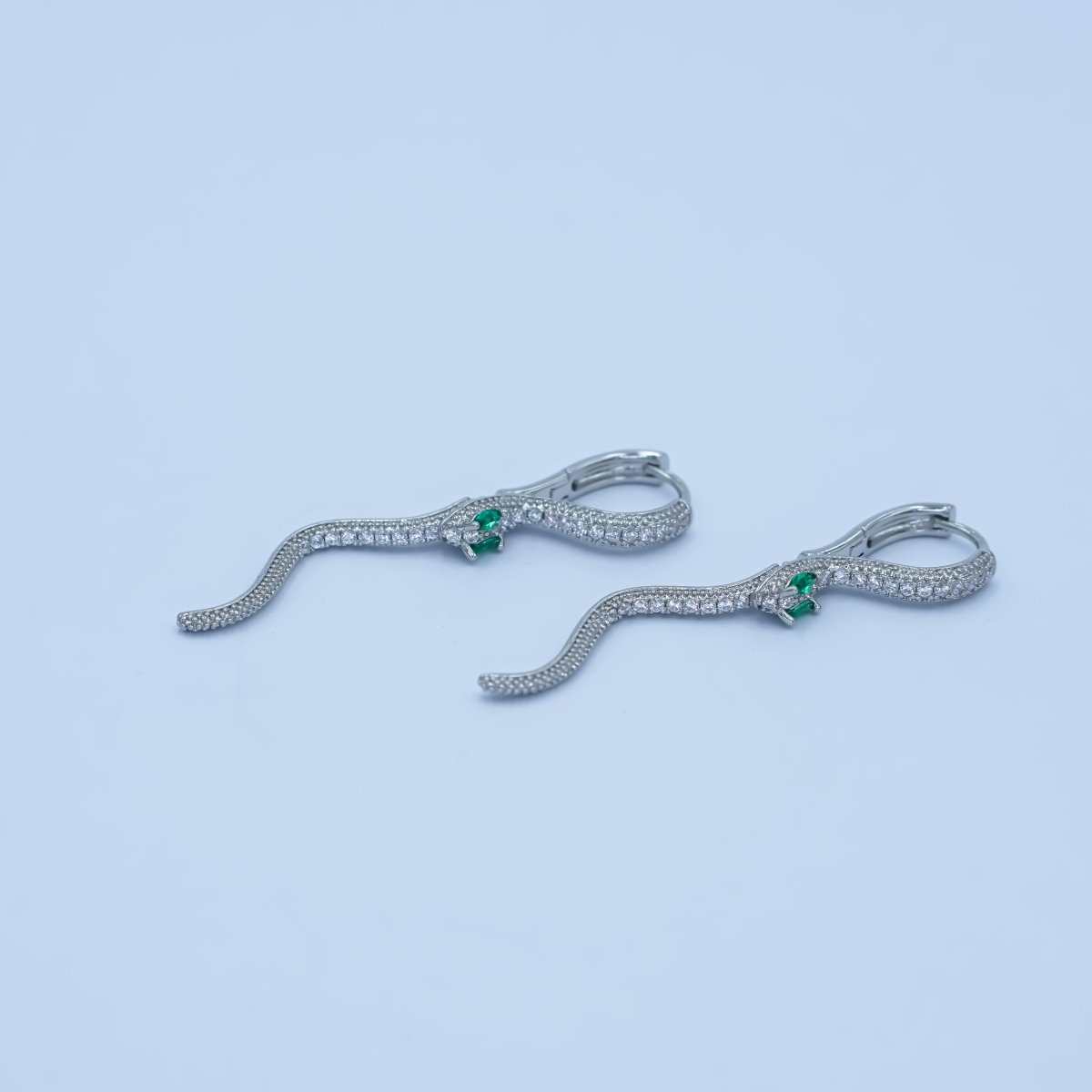 Gold, Silver Green Micro Paved CZ Snake Drop Huggie Earrings | AB592 AB601