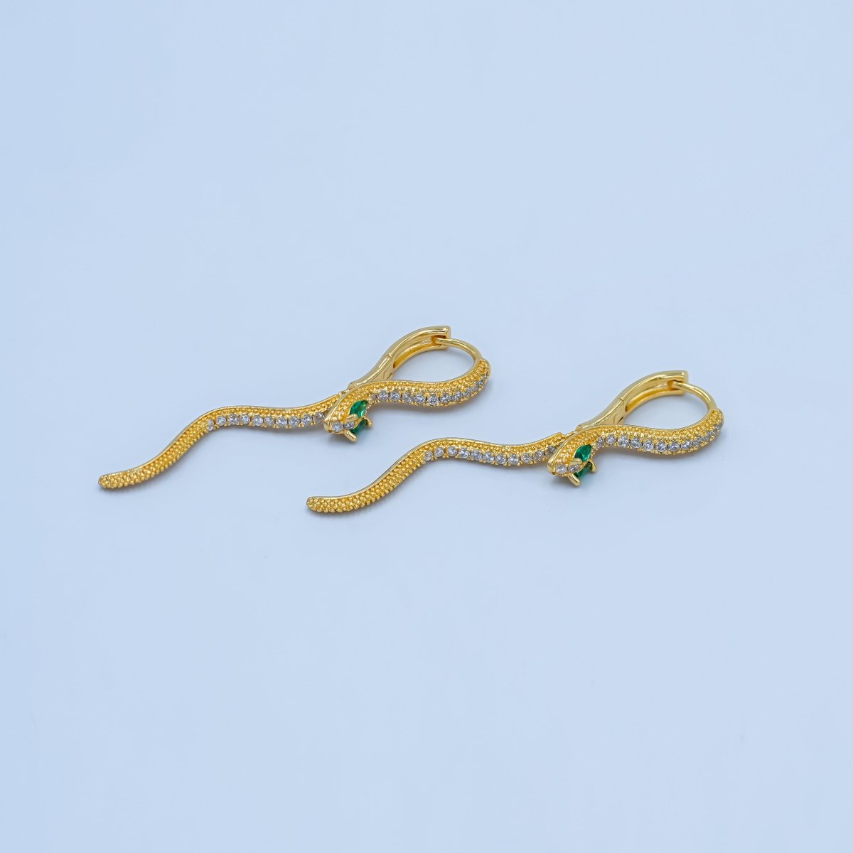 Gold, Silver Green Micro Paved CZ Snake Drop Huggie Earrings | AB592 AB601