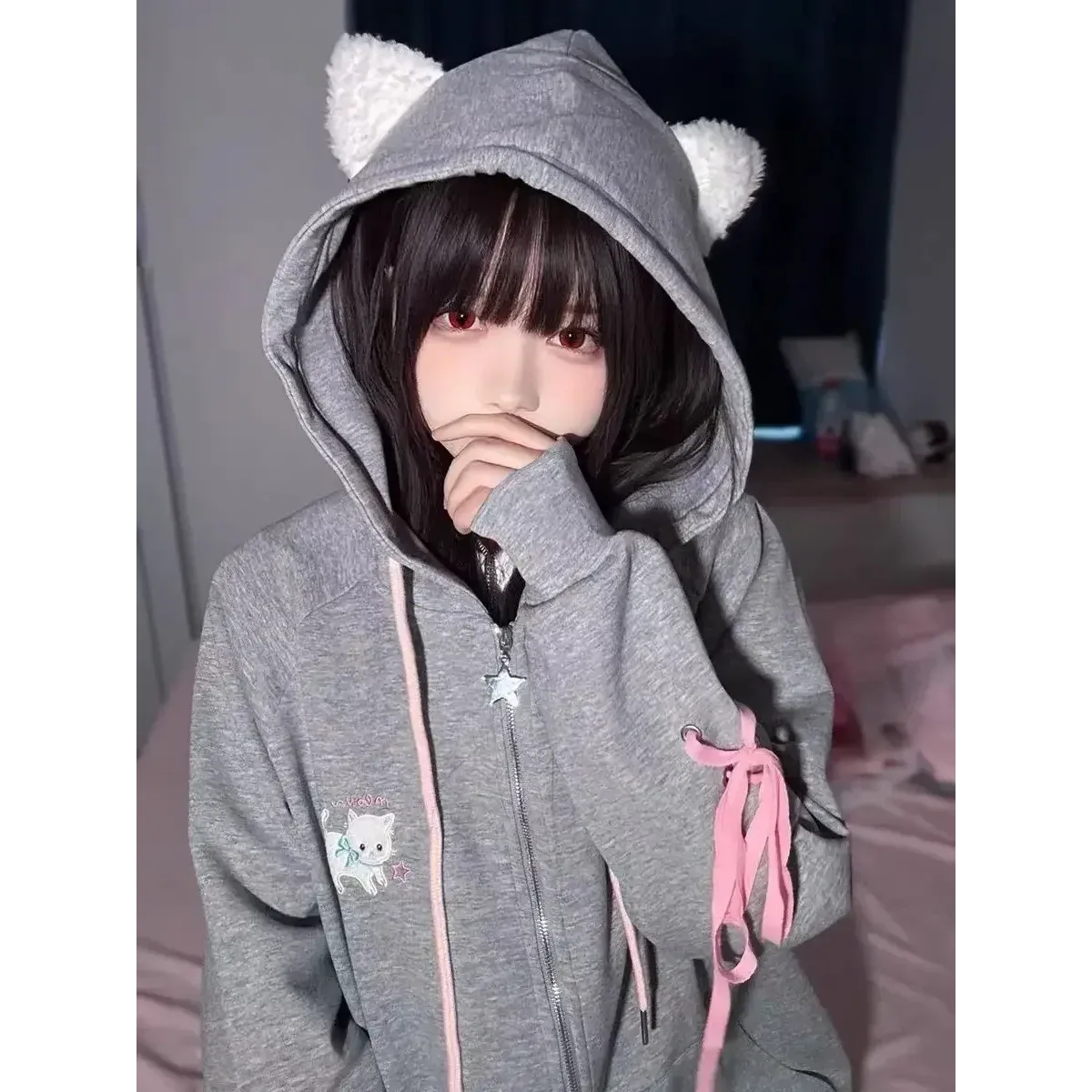 Soft Girl Cute Cat Embroidered Hoodie