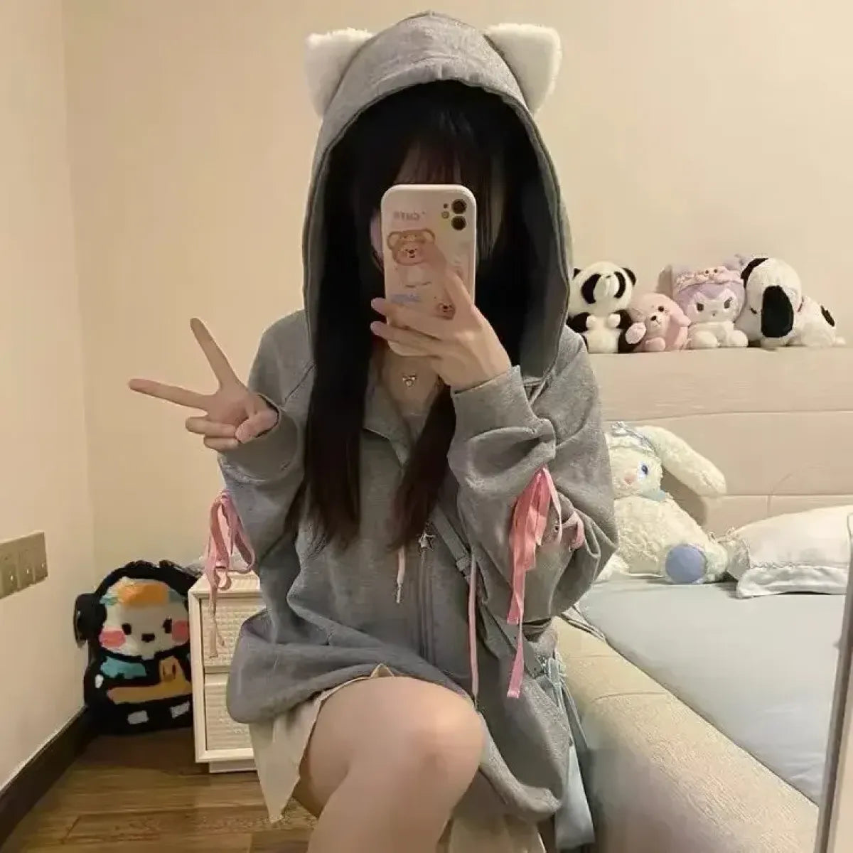 Soft Girl Cute Cat Embroidered Hoodie