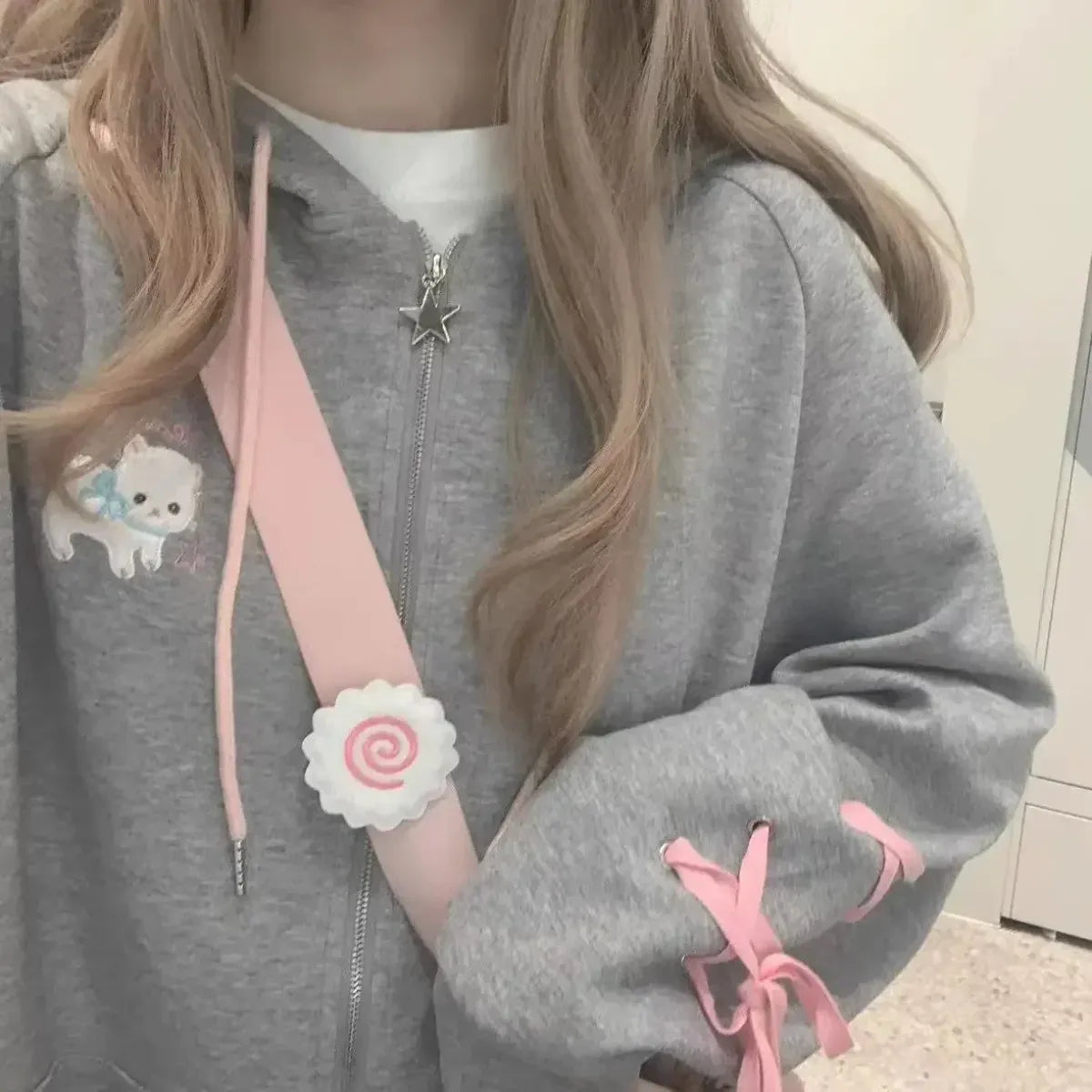 Soft Girl Cute Cat Embroidered Hoodie