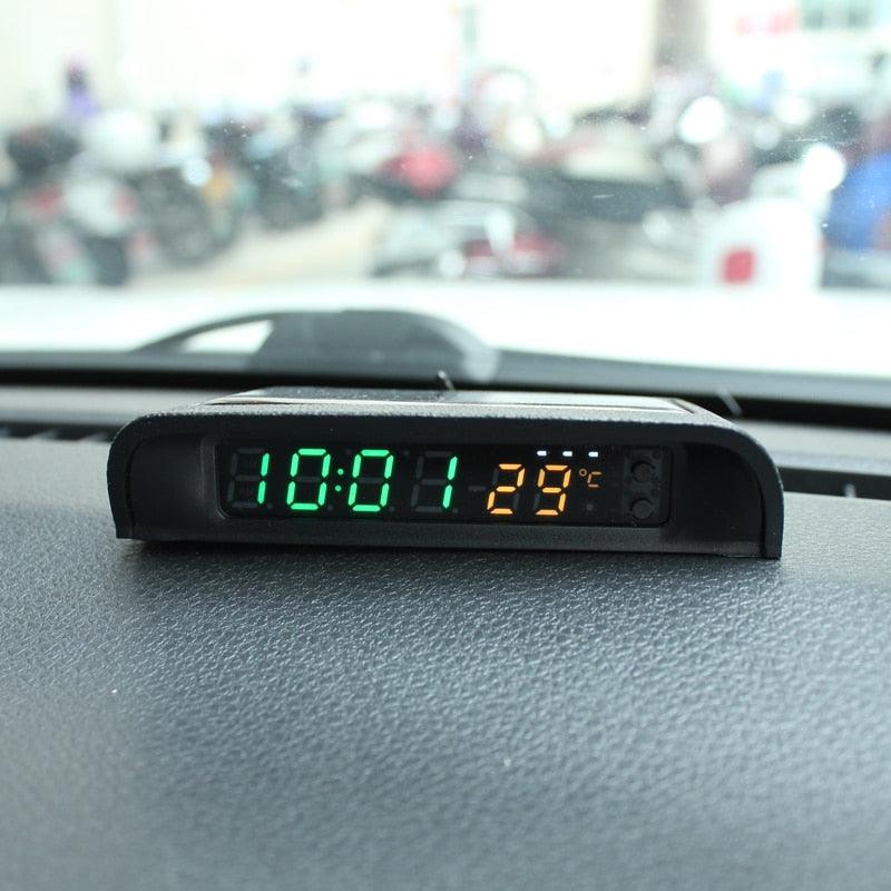 Solar Car Digital Clock Thermometer Dual Color Display Smart Switch High Precision LED Digital Clock Dashboard Solar Powered Car Electronic Clock Stick-On Luminous Car Clock Dashboard Auto Clock Car Watch Clock with Adjustable Brightness Date Temperature