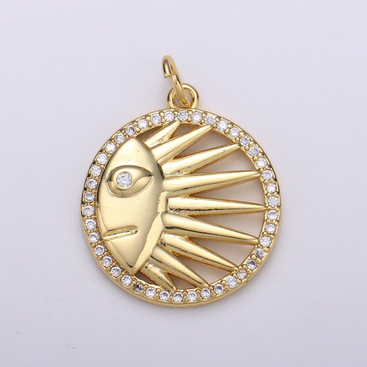 Solar Coin CZ Charms Sun Celestial Cubic Pave Coin Pendant 24K Gold CZ Drop Charm Pendant, Celestial Jewelry
