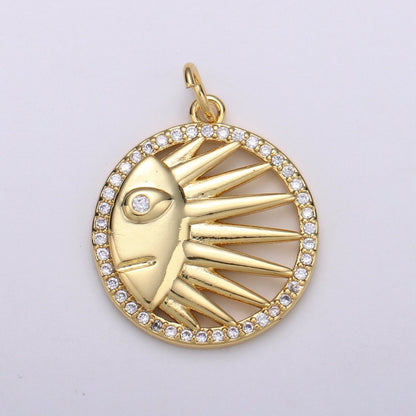 Solar Coin CZ Charms Sun Celestial Cubic Pave Coin Pendant 24K Gold CZ Drop Charm Pendant, Celestial Jewelry