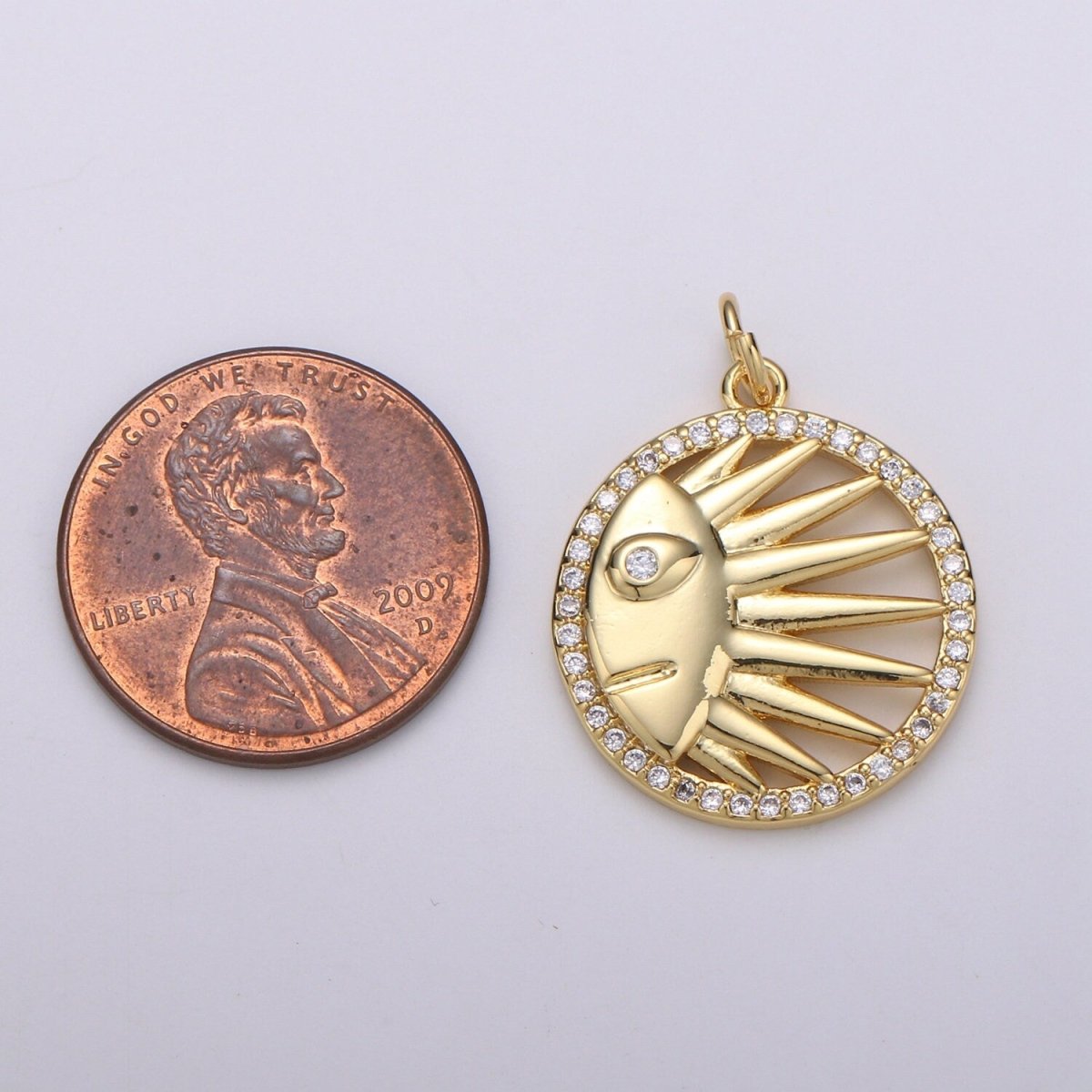 Solar Coin CZ Charms Sun Celestial Cubic Pave Coin Pendant 24K Gold CZ Drop Charm Pendant, Celestial Jewelry