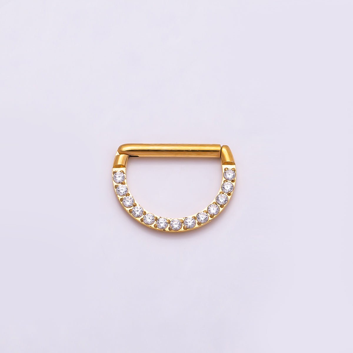 Titanium 10mm Micro Paved CZ D-Shaped Bar Septum Cartilage Piercing Clicker in Gold &amp; Silver | BJ-00015 BJ-00016