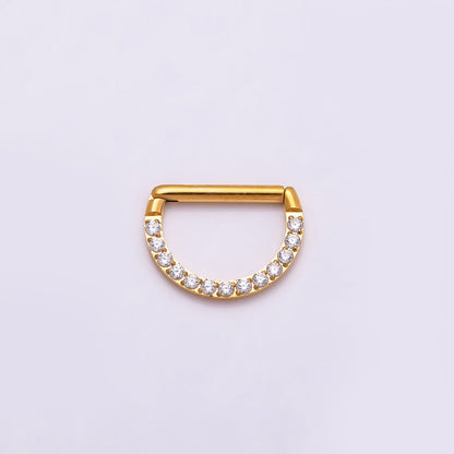 Titanium 10mm Micro Paved CZ D-Shaped Bar Septum Cartilage Piercing Clicker in Gold &amp; Silver | BJ-00015 BJ-00016
