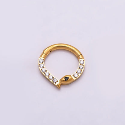 Titanium 10mm Micro Paved CZ Snake Single Septum Nose Piercing Clicker in Gold &amp; Silver | BJ-00013 BJ-00014