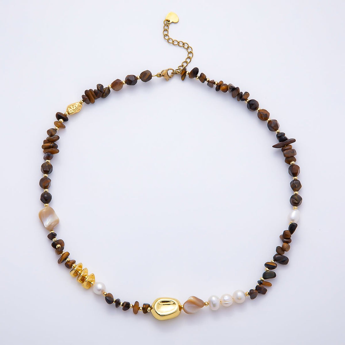 Stainless Steel 8mm White Shell Pearl Tiger Eye Biwa Pebble Multifaceted Gemstone Chain 16 Inch Necklace | WA-04726