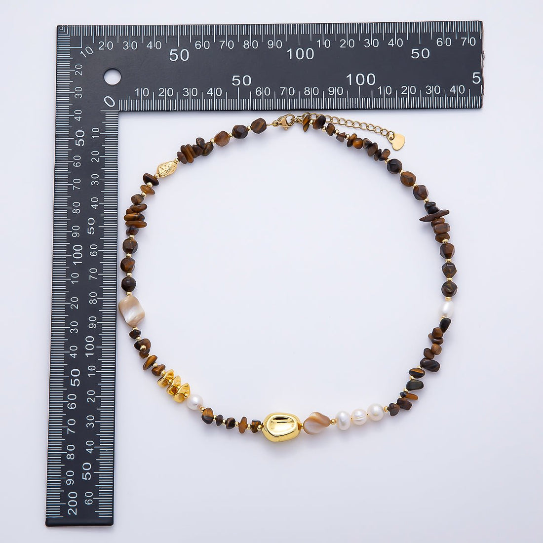 Stainless Steel 8mm White Shell Pearl Tiger Eye Biwa Pebble Multifaceted Gemstone Chain 16 Inch Necklace | WA-04726