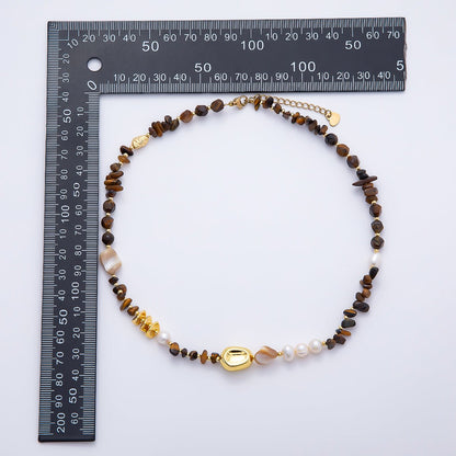Stainless Steel 8mm White Shell Pearl Tiger Eye Biwa Pebble Multifaceted Gemstone Chain 16 Inch Necklace | WA-04726