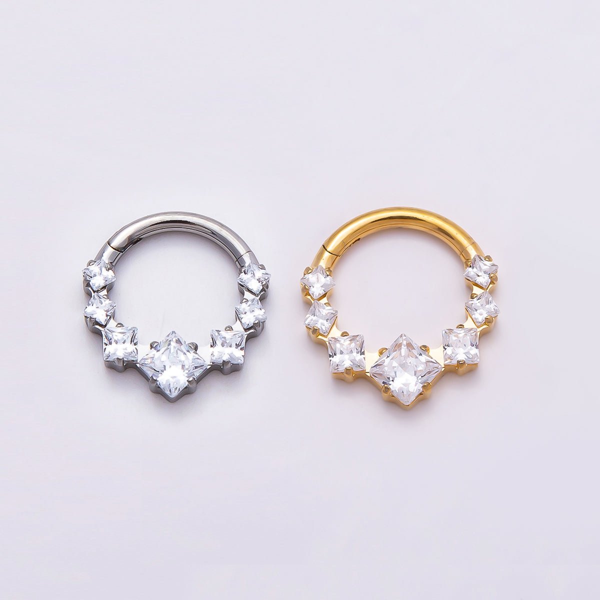 Titanium 11mm Clear Square CZ Cluster Gradient Single Septum Cartilage Piercing Clicker in Gold &amp; Silver | BJ-00033 BJ-00034