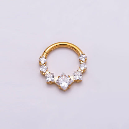 Titanium 11mm Clear Square CZ Cluster Gradient Single Septum Cartilage Piercing Clicker in Gold &amp; Silver | BJ-00033 BJ-00034