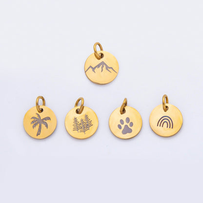 Stainless Steel 13mm Round Engrave Laser Charm in Mountain, Rainbow, Dog Paws &amp; Palm Tree | AH-904 - AH-908