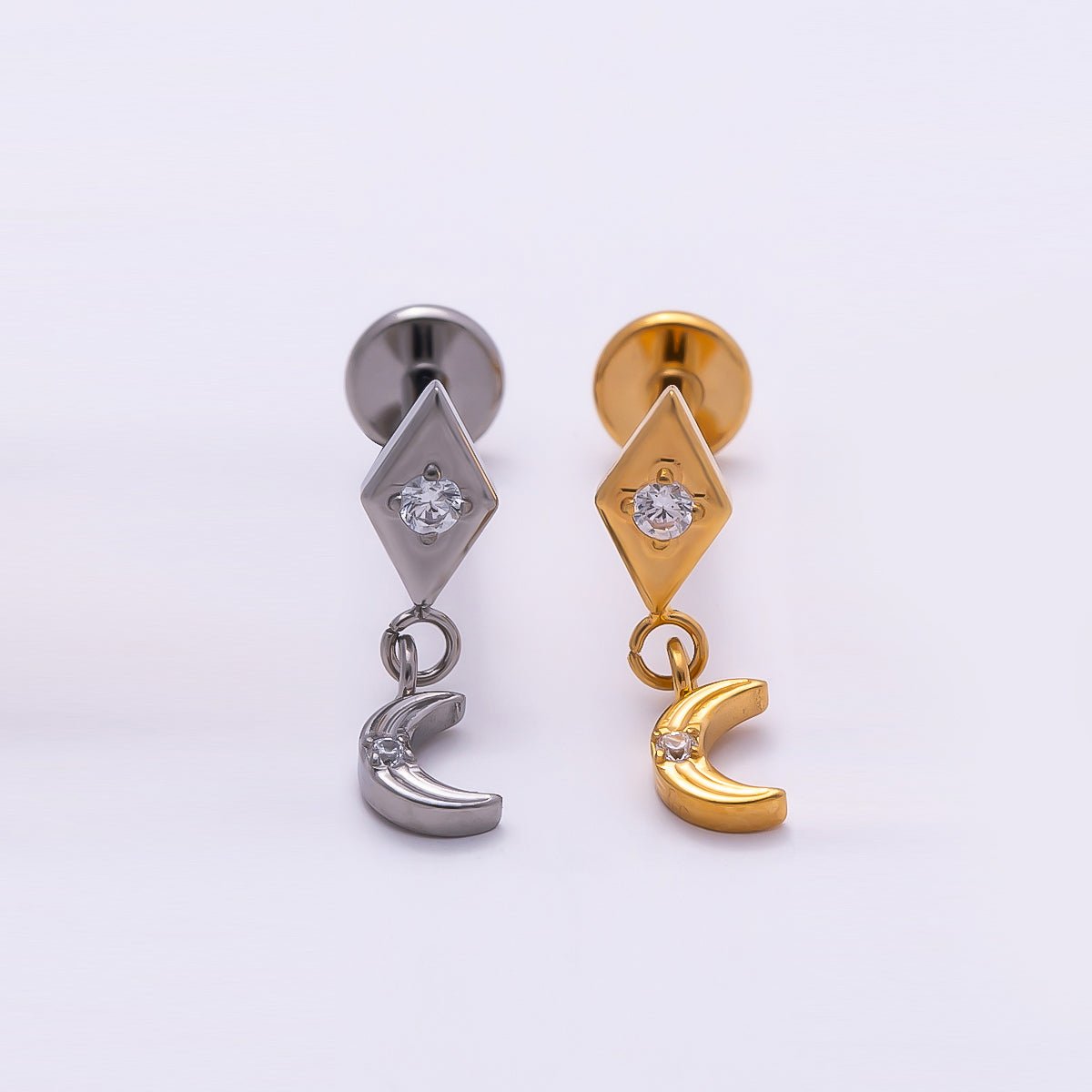 Titanium 14mm CZ Crescent Moon Rhombus Drop Single Cartilage Piercing Flat Back Stud in Gold &amp; Silver | BJ-00055 BJ-00056