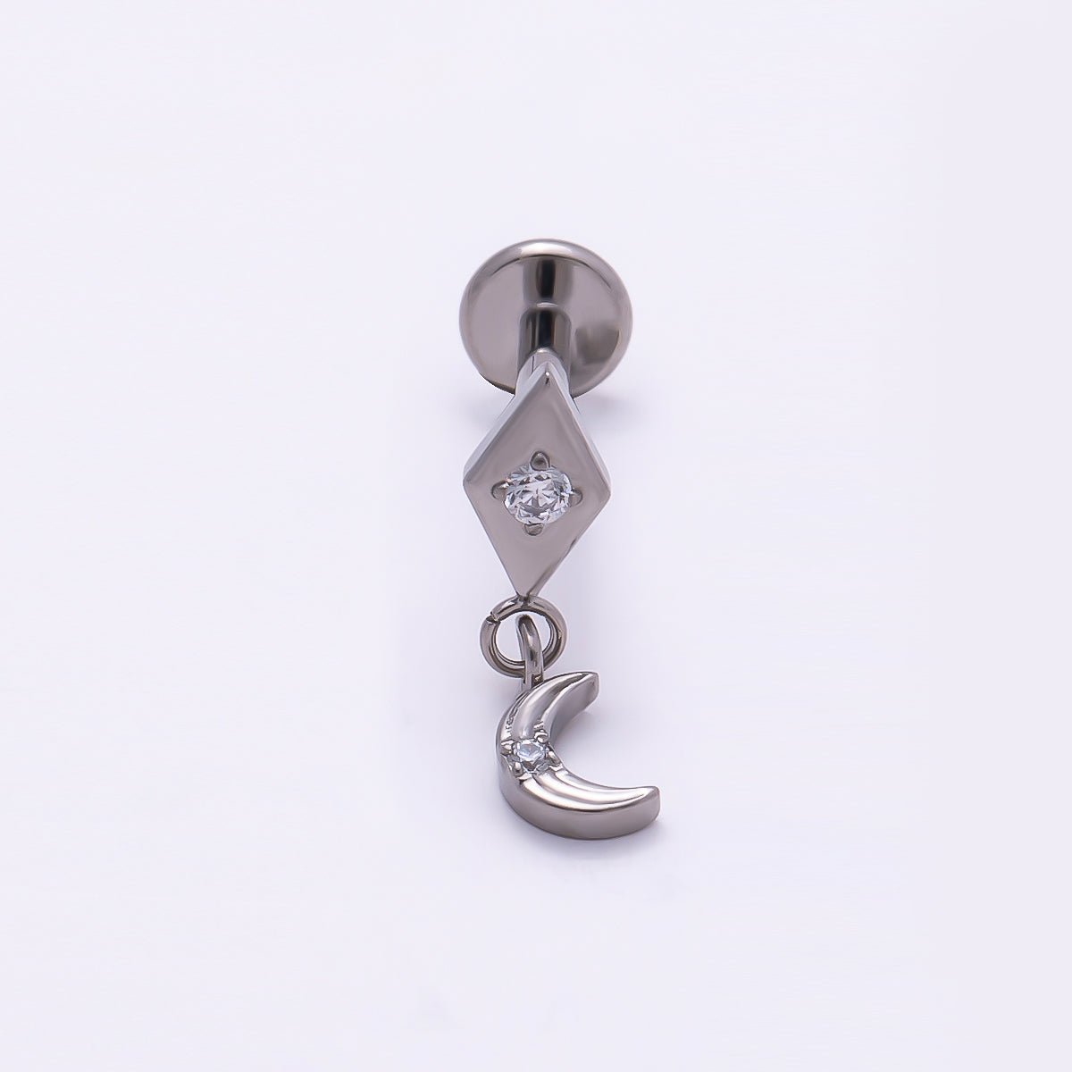 Titanium 14mm CZ Crescent Moon Rhombus Drop Single Cartilage Piercing Flat Back Stud in Gold &amp; Silver | BJ-00055 BJ-00056