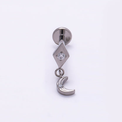 Titanium 14mm CZ Crescent Moon Rhombus Drop Single Cartilage Piercing Flat Back Stud in Gold &amp; Silver | BJ-00055 BJ-00056