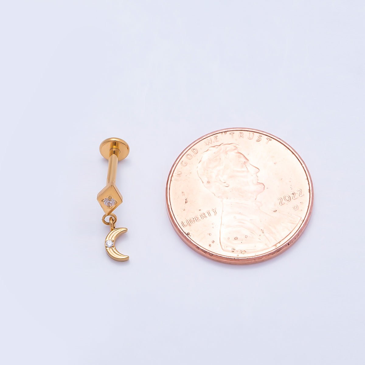 Titanium 14mm CZ Crescent Moon Rhombus Drop Single Cartilage Piercing Flat Back Stud in Gold &amp; Silver | BJ-00055 BJ-00056