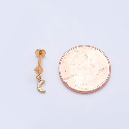Titanium 14mm CZ Crescent Moon Rhombus Drop Single Cartilage Piercing Flat Back Stud in Gold &amp; Silver | BJ-00055 BJ-00056