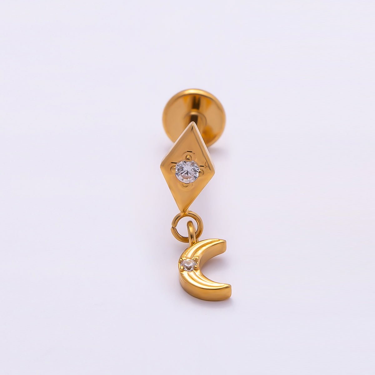 Titanium 14mm CZ Crescent Moon Rhombus Drop Single Cartilage Piercing Flat Back Stud in Gold &amp; Silver | BJ-00055 BJ-00056