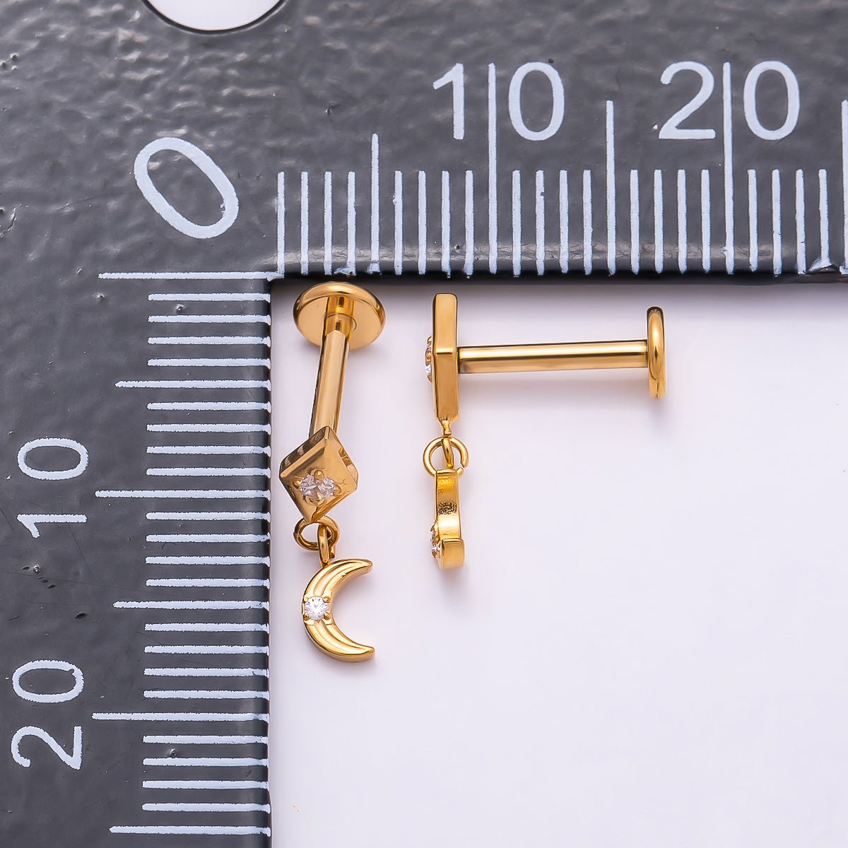 Titanium 14mm CZ Crescent Moon Rhombus Drop Single Cartilage Piercing Flat Back Stud in Gold &amp; Silver | BJ-00055 BJ-00056