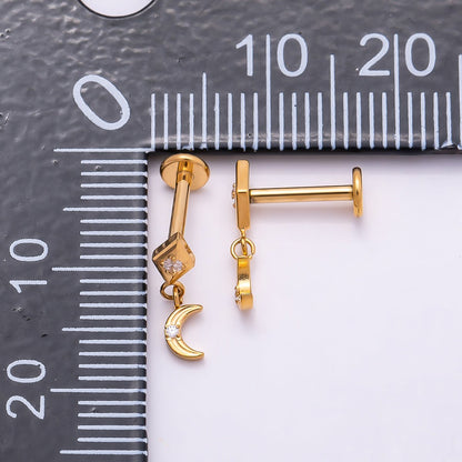 Titanium 14mm CZ Crescent Moon Rhombus Drop Single Cartilage Piercing Flat Back Stud in Gold &amp; Silver | BJ-00055 BJ-00056