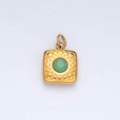 Stainless Steel 15mm Green Aventurine CZ Textured Square Mini Charm | P1040