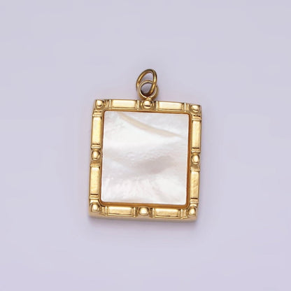 Stainless Steel 15mm Shell Pearl Square Bar Dot Bezel Charm in Silver &amp; Gold | P682 P683