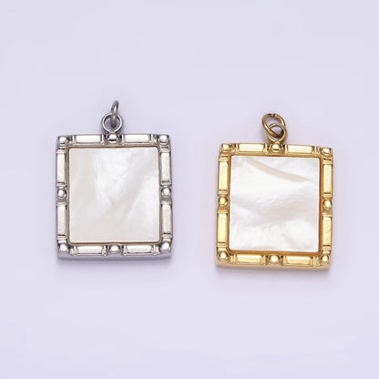Stainless Steel 15mm Shell Pearl Square Bar Dot Bezel Charm in Silver &amp; Gold | P682 P683