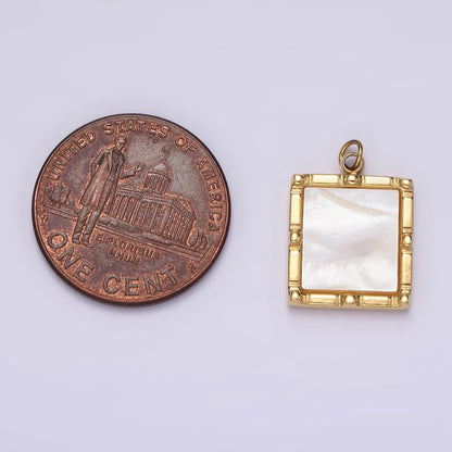 Stainless Steel 15mm Shell Pearl Square Bar Dot Bezel Charm in Silver &amp; Gold | P682 P683