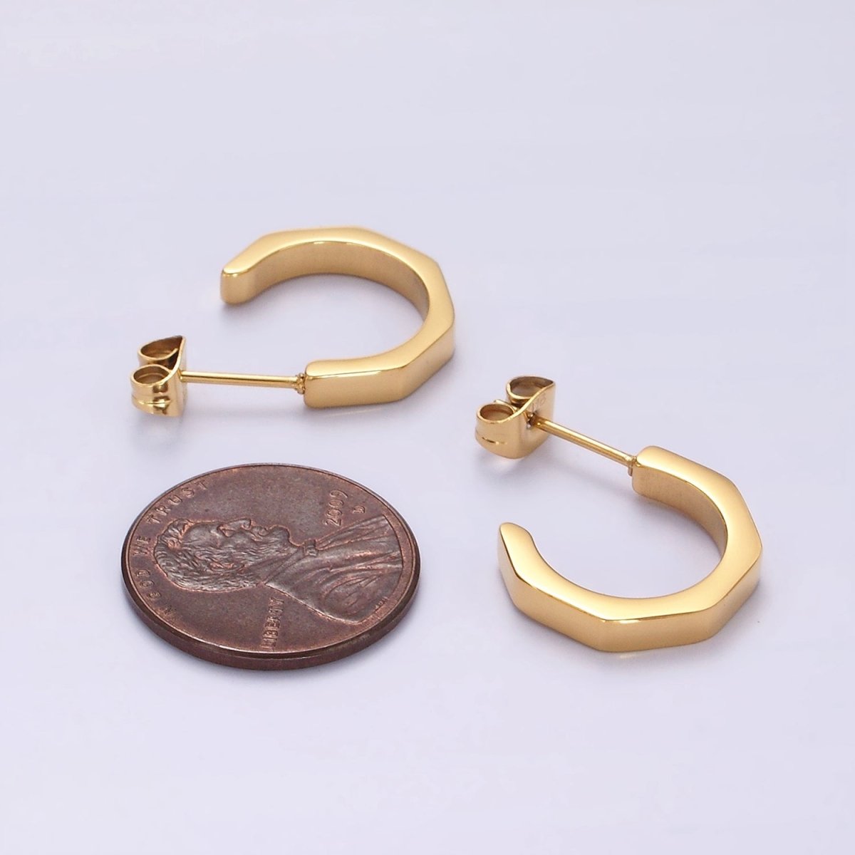 Stainless Steel 16mm Octagonal C-Shaped Hoop Earrings in Gold &amp; Silver | V199