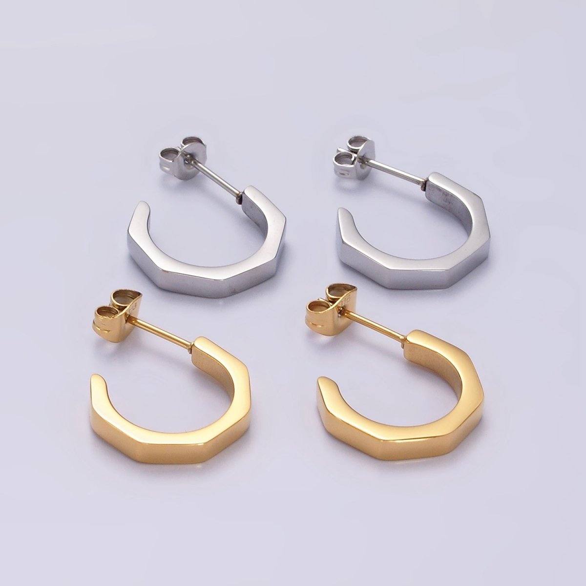 Stainless Steel 16mm Octagonal C-Shaped Hoop Earrings in Gold &amp; Silver | V199