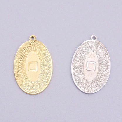 Stainless Steel 19.5mm Geometric Engraved Box Oval Charm in Gold &amp; Silver | P-919