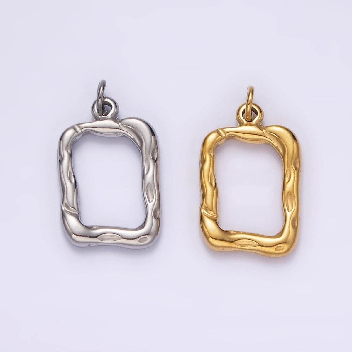 Stainless Steel 20mm Open Hammered Rectangular Charm in Gold &amp; Silver | P1263