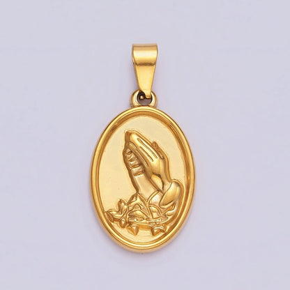 Stainless Steel 20mm Prayer Hands Religious Lined Double Sided Oval Pendant | P-803
