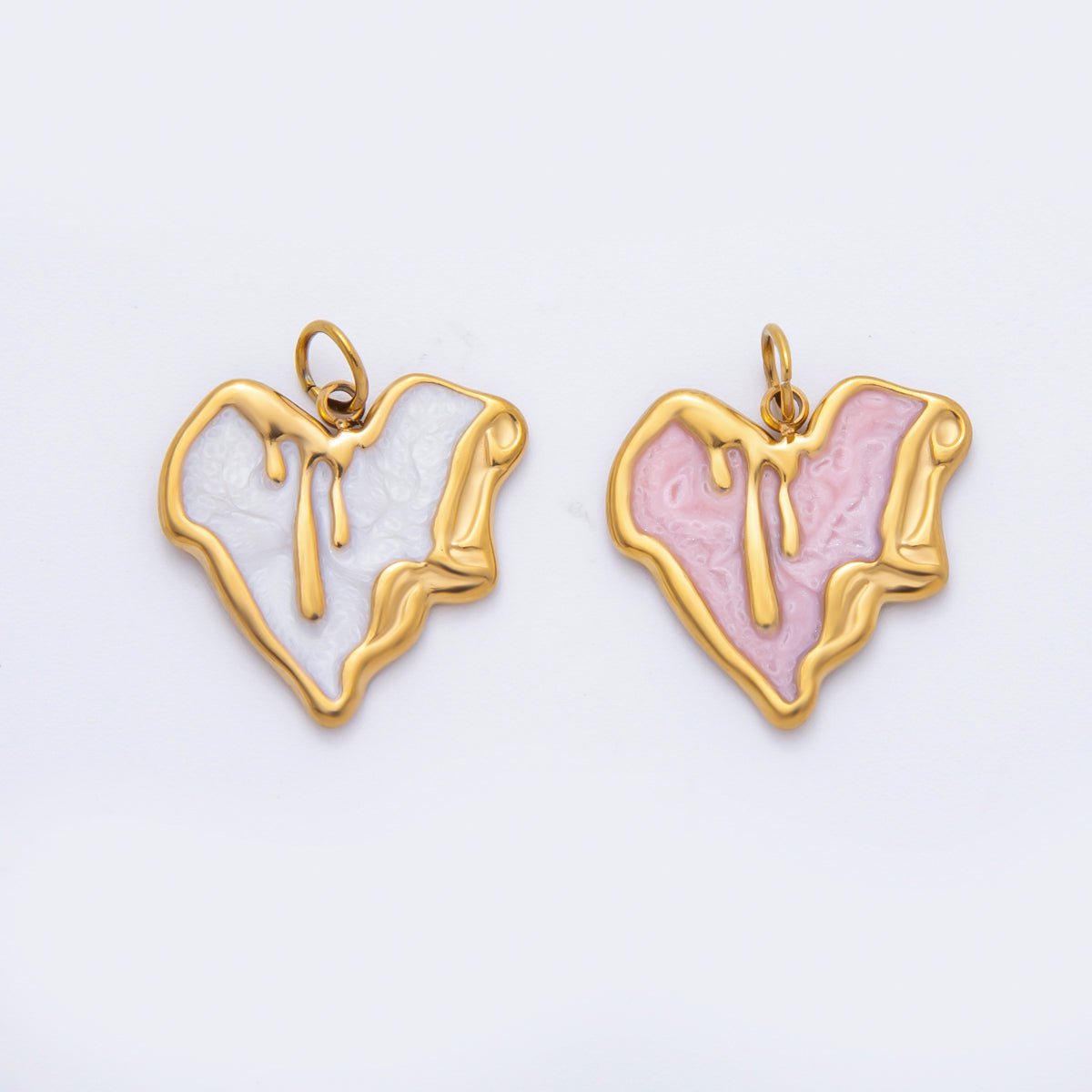 Stainless Steel 21.5mm Pink, White Enamel Molten Drip Heart Charm | C319