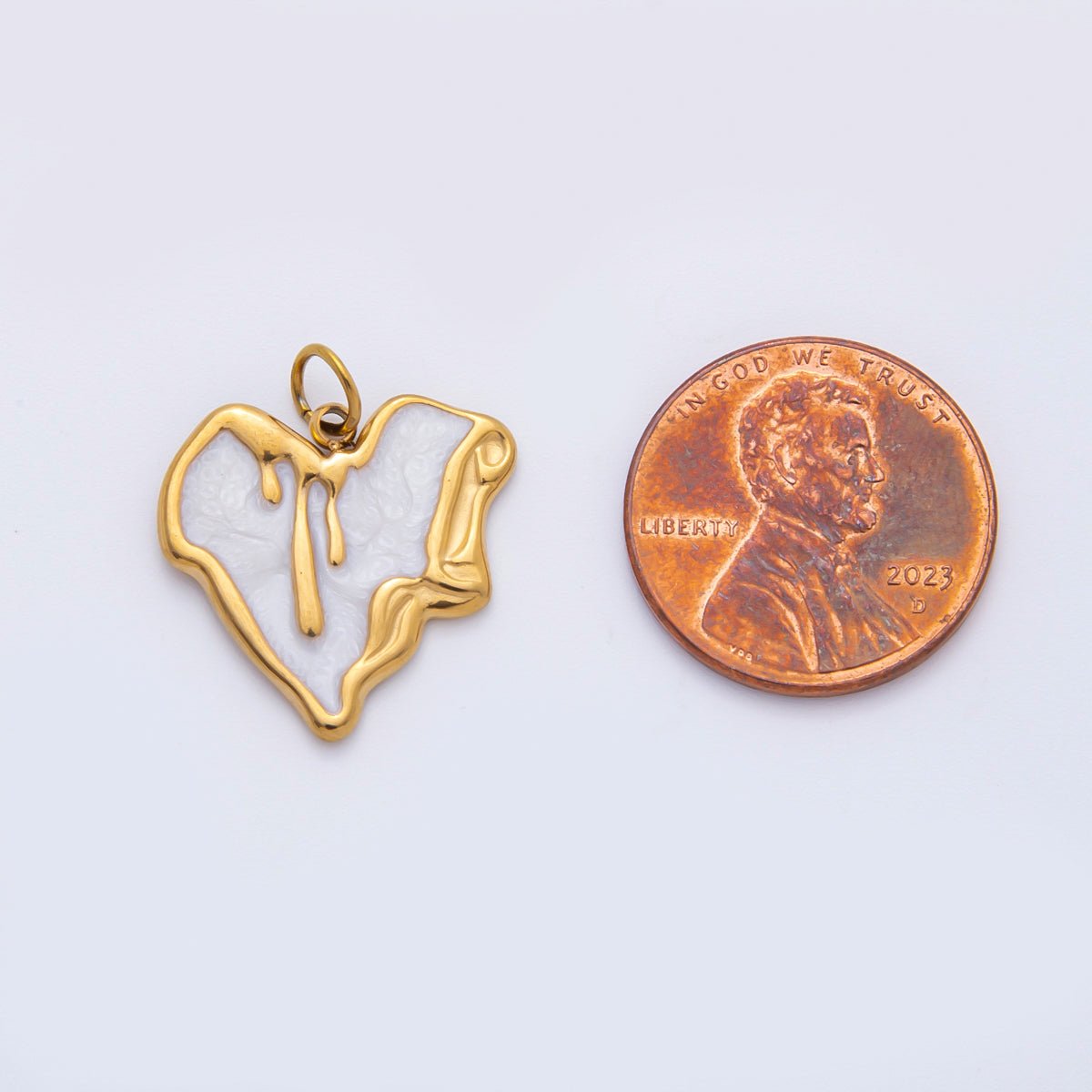 Stainless Steel 21.5mm Pink, White Enamel Molten Drip Heart Charm | C319