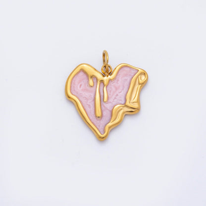 Stainless Steel 21.5mm Pink, White Enamel Molten Drip Heart Charm | C319