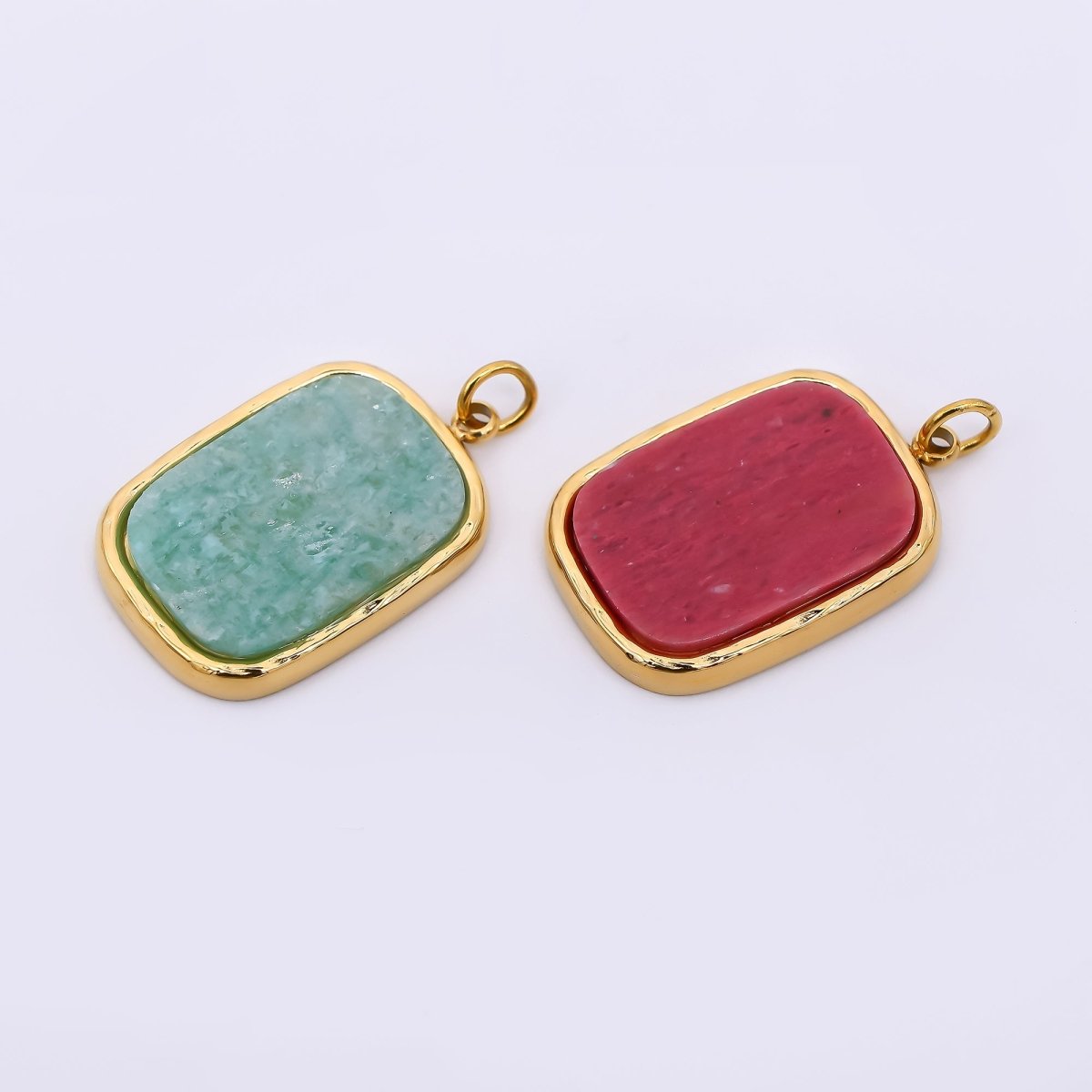 Stainless Steel 21mm Rectangle Natural Gemstone Amazonite &amp; Red Jasper Foil Pendant Charm | J-354